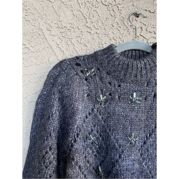 ASTR REVOLVE Gray Jewel Embellished Mock Neck Puff Sleeve Pointelle Wool Sweater - Picture 9 of 14